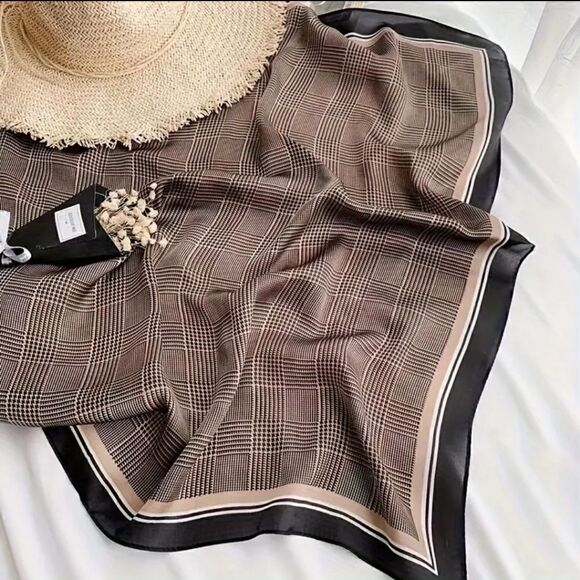 27"x27" Square Scarf Thin Soft Cozy Smooth Neck Scarf Brown & Black - Picture 7 of 7